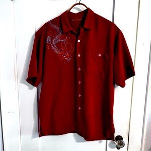 EUC Tori Richard Size Large 100% Silk Embroidered Front/Back Dragon Orangey-Red